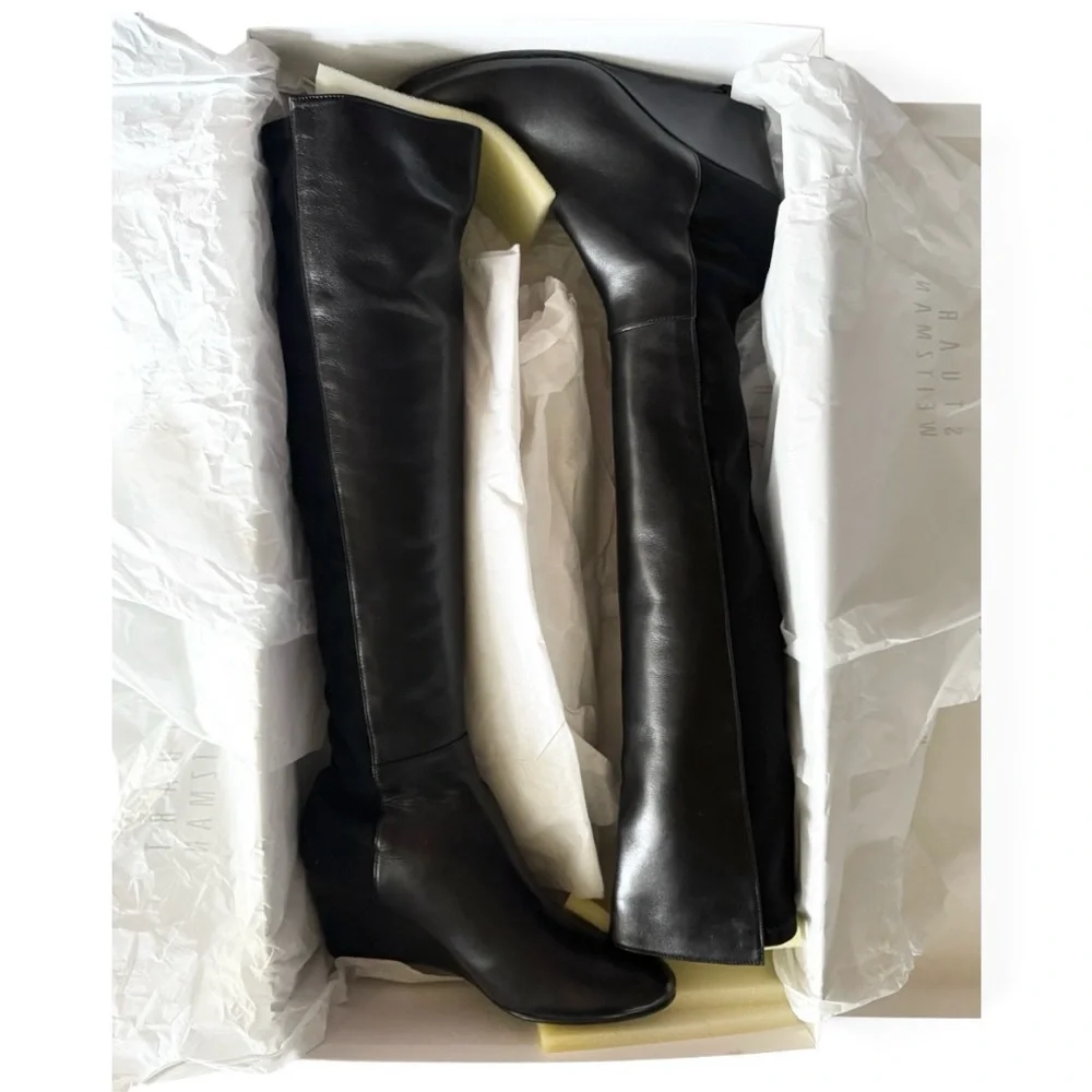 🆕💞Stuart Weitzman Over-The-Knee 5050 Demi-Wedge Black Boots • 6.5 US • NIB